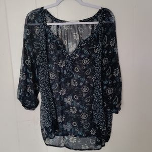 Boho Peasant Blouse Floral Shirt Top Plus Size 1X XL Navy Blue Western